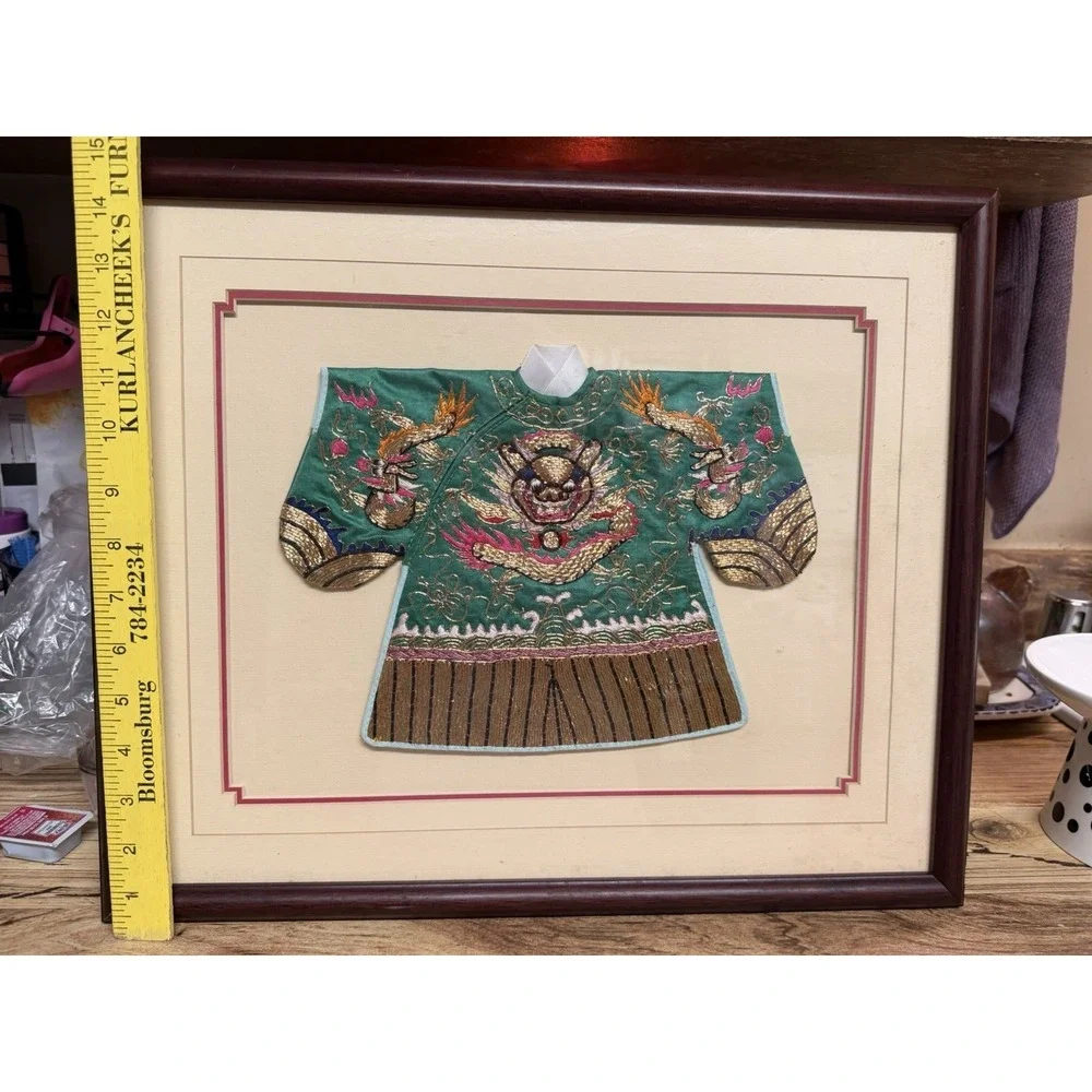 Framed Vintage Chinese Silk Embroidered Dragon Robe Wall Art Gold Thread Green